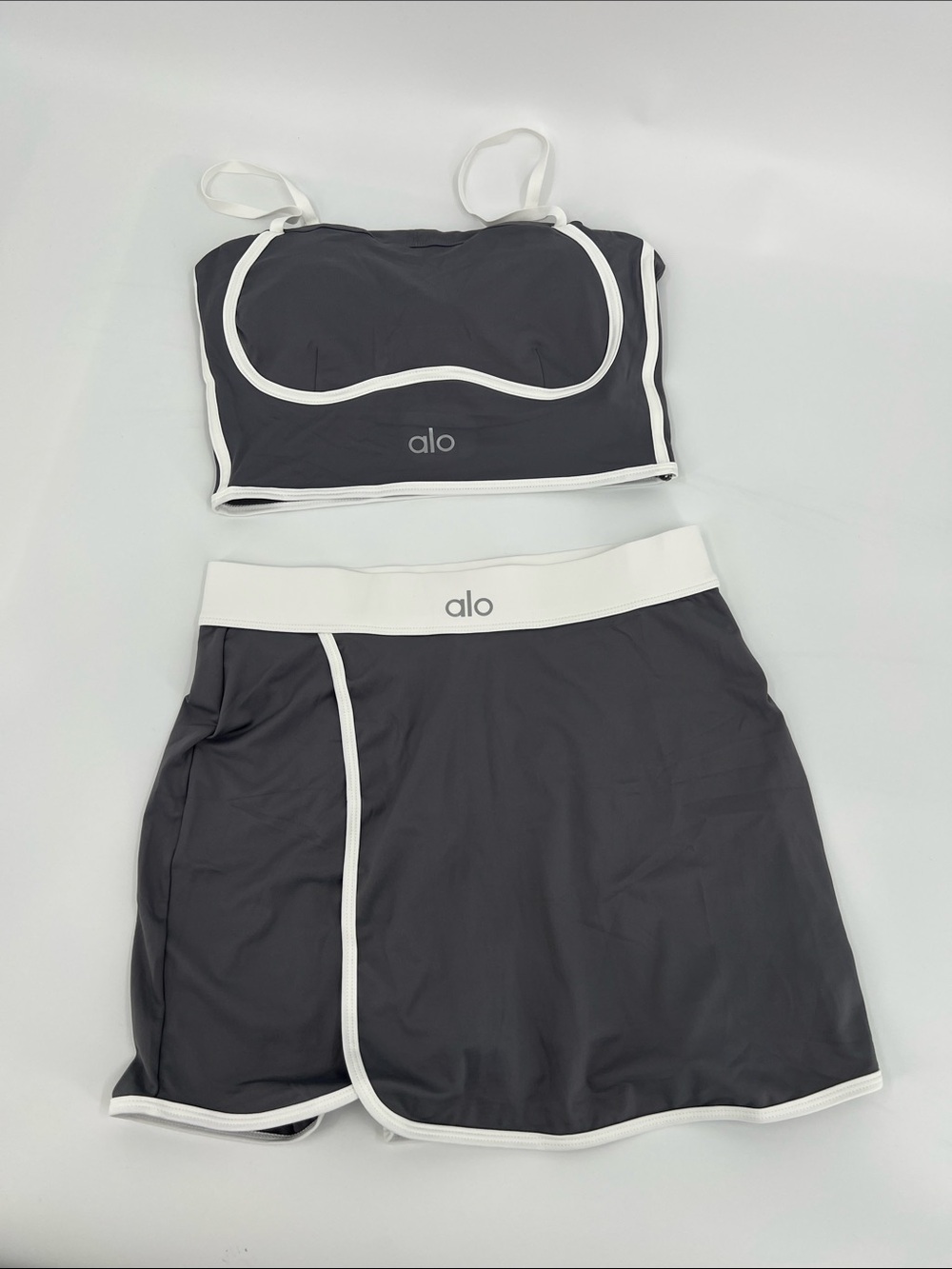 ALO Yoga Charcoal Gray Two-Piece Crop Top and Skort Set with White Trim